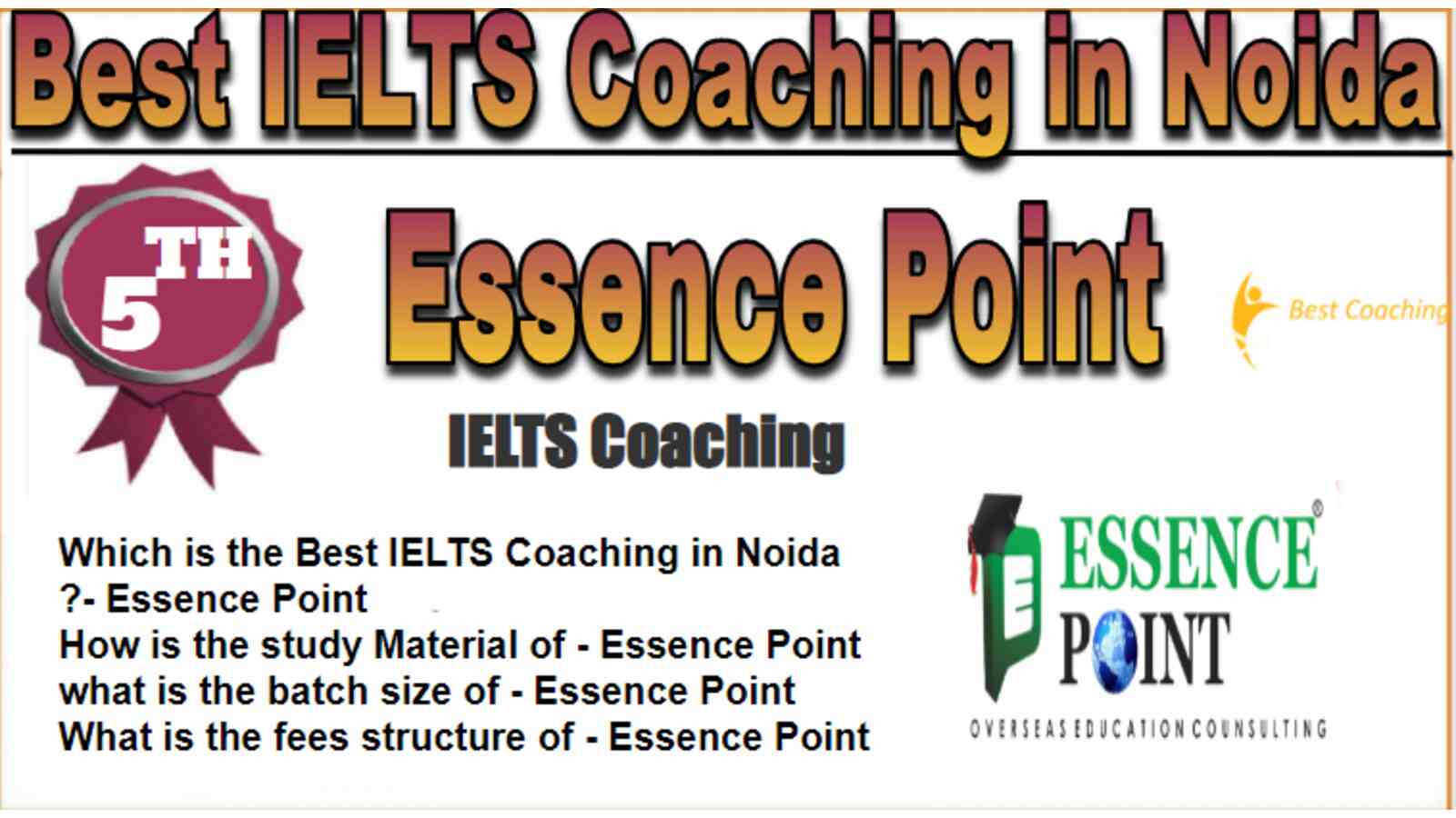 Essence Point IELTS Coaching in Noida. Rank 5th IELTS Coaching in Noida. 5th Top UPSC Coaching in Noida. Essence Point IELTS Coaching in Noida 2022. Best IELTS Coaching in Noida Rank 5. 5th Best IELTS Coaching in Noida with fees structure, contact Details, address and many other information related to coaching. List of Best 10 IELTS Coaching in Noida Rank 5 Best IELTS Coaching in Noida