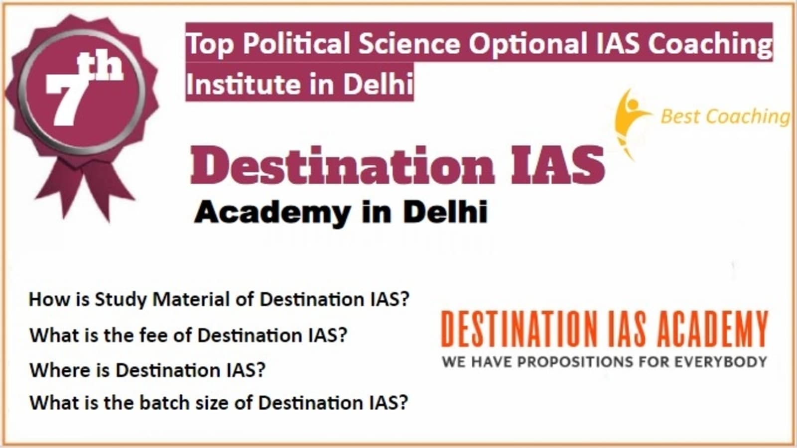 Destination IAS Political Science and International Relations optional IAS Coaching in Delhi. Rank 7th Political Science and International Relations optional IAS Coaching in Delhi. 7th Top Political Science and International Relations optional IAS Coaching in Delhi. Destination IAS Political Science and International Relations optional IAS Coaching in Delhi 2023. Best Political Science and International Relations optional IAS Coaching in Delhi Rank 7. 7th Best Political Science and International Relations optional IAS Coaching in Delhi with fees structure, contact Details, address and many other information related to coaching. List of Best 10 Political Science and International Relations optional IAS Coaching in Delhi Rank 7 Best Political Science and International Relations Optional IAS Coaching