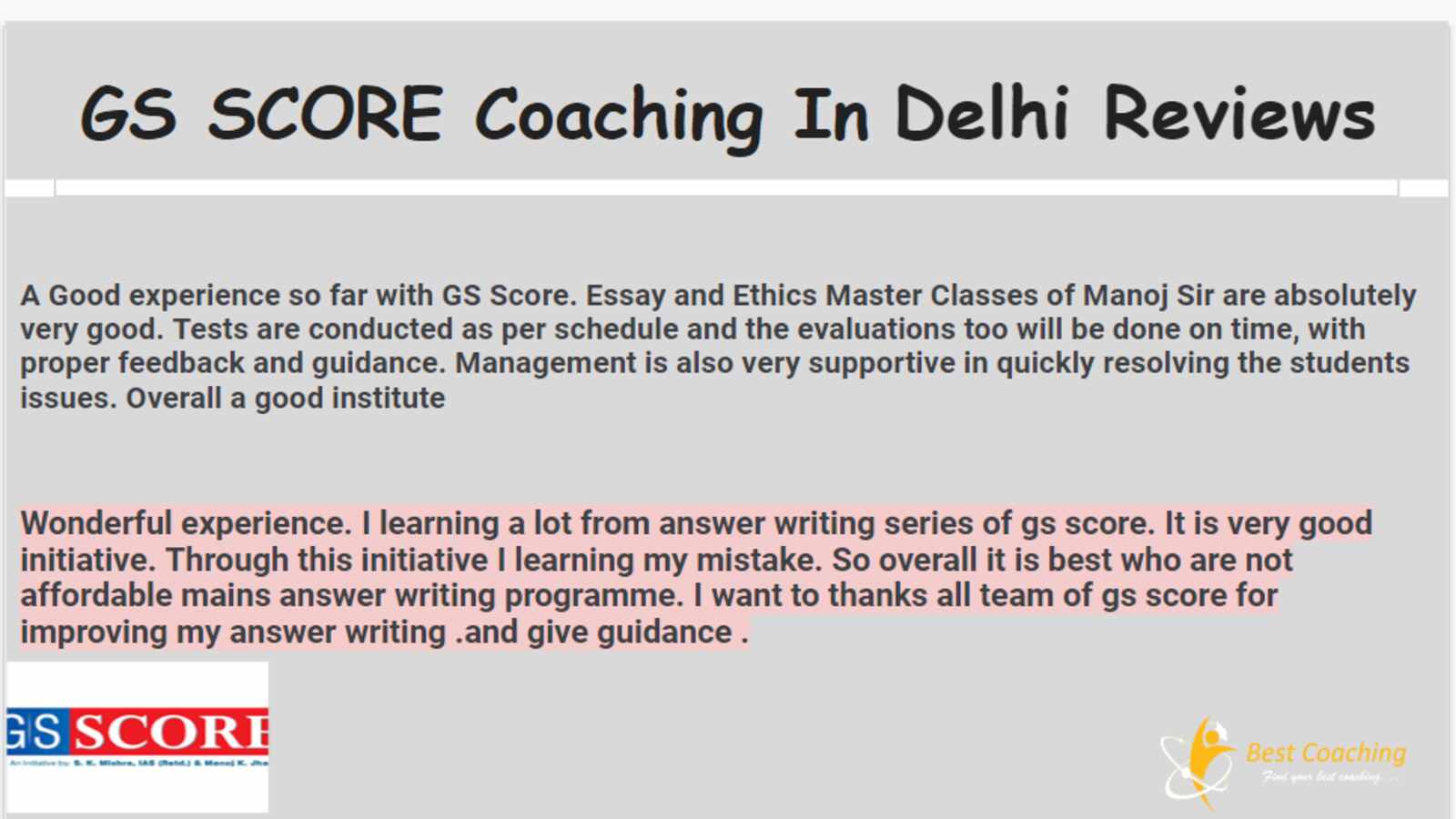 GS SCORE IAS Coaching Delhi Reviews