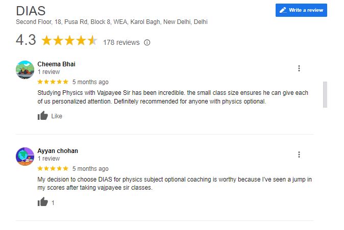 DIAS IAS Coaching in Delhi Google Reviews