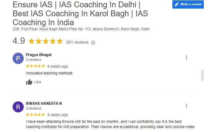 Ensure IAS coaching in Delhi Google Reviews