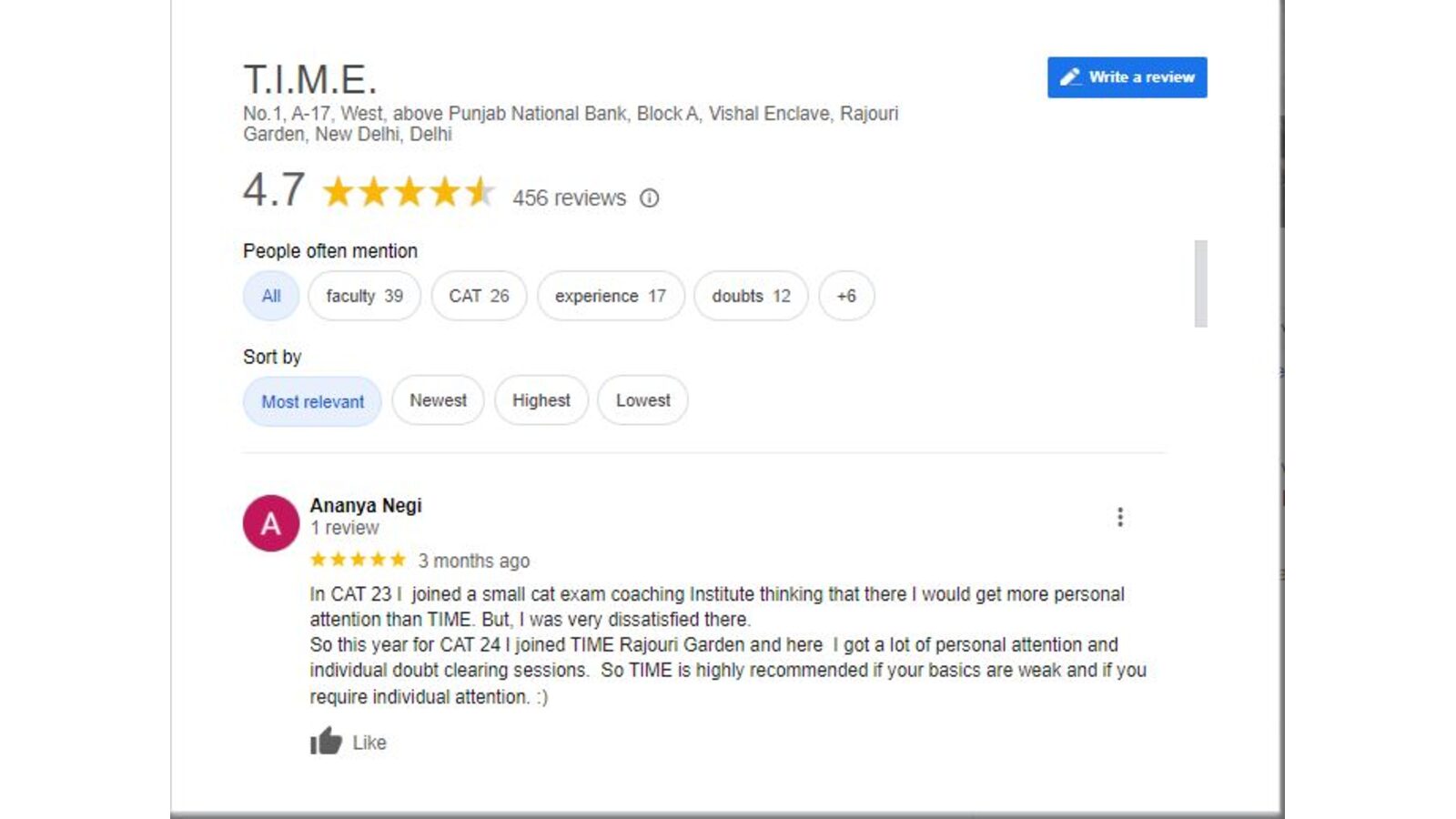 T.I.M.E Bank PO Coaching in Delhi Review