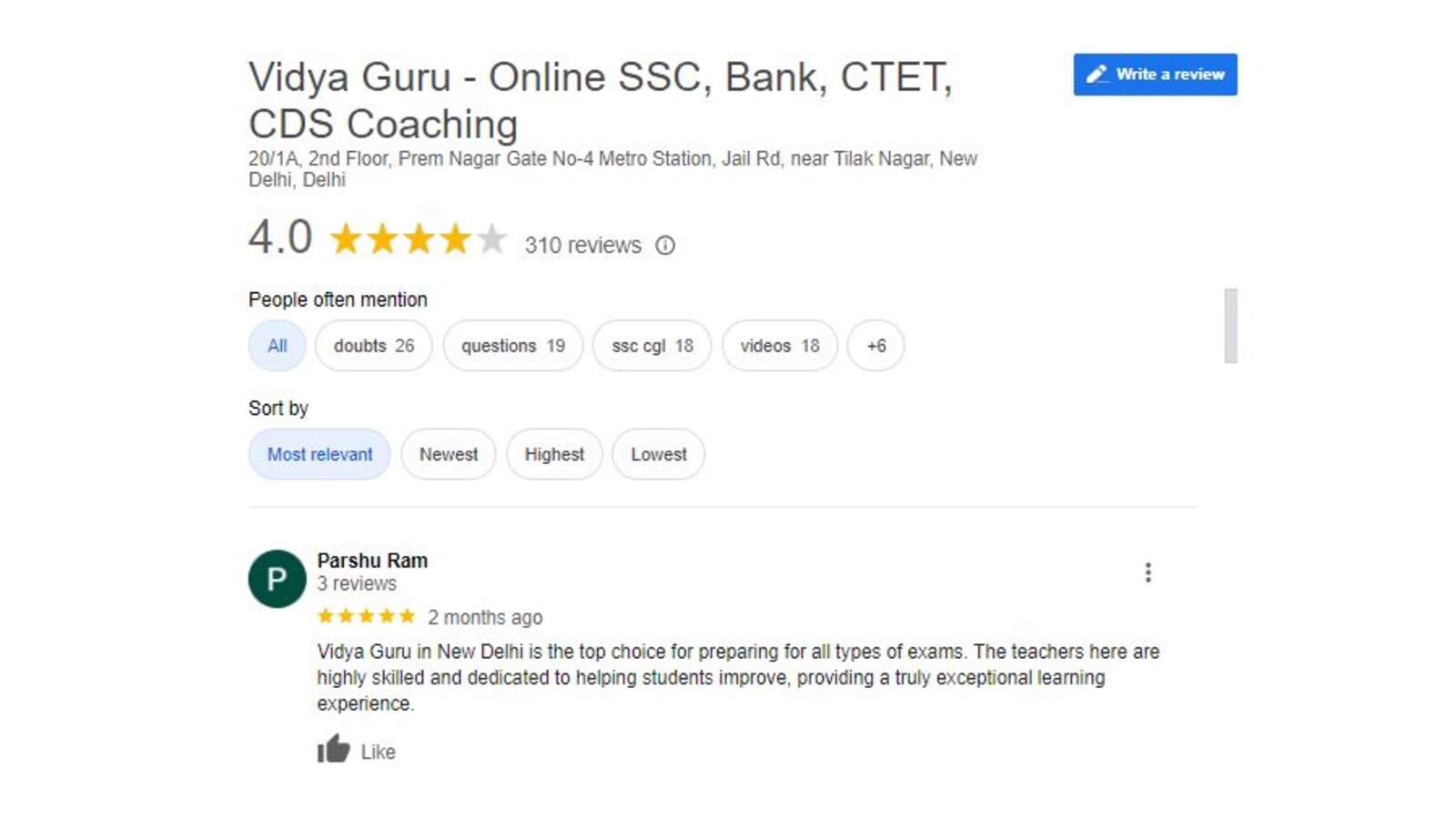 Vidya Guru Bank PO Coaching in Delhi Review.